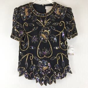 NWT Vintage Papell Boutique Evening Sequin Beaded Floral Embellished Silk Blouse